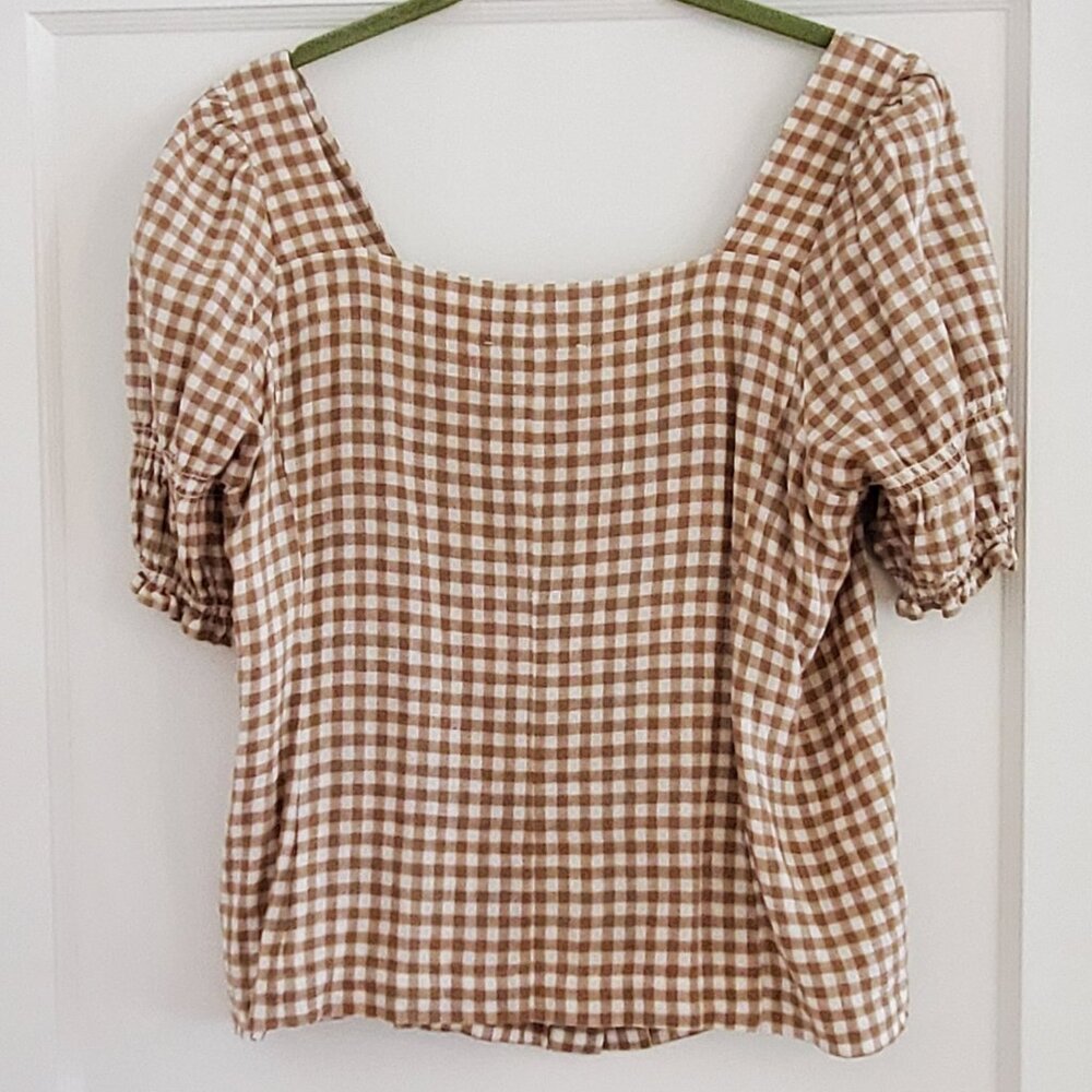 Madewell Linen-Blend Square-Neck Puff-Sleeve Top in Gingham Check, Brown, Size S - Picture 3 of 5